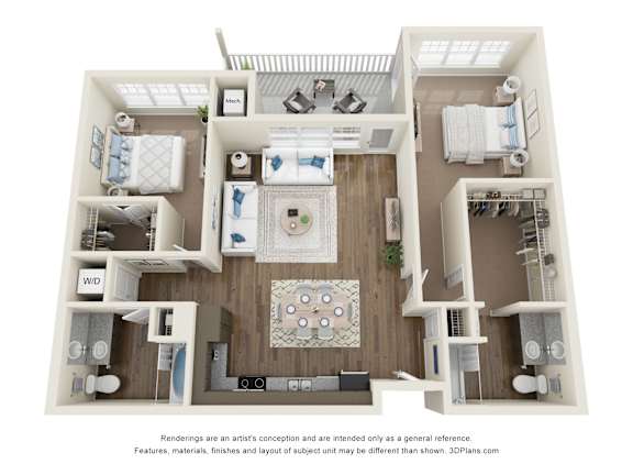 A 3D floor plan of a house with a kitchen, living room, and bathrooms.