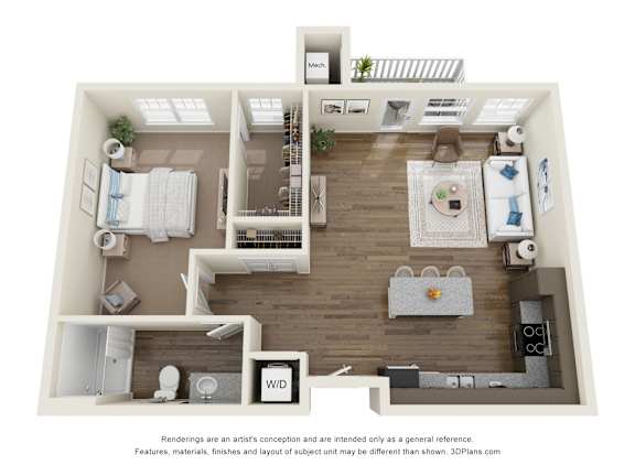 A 3D floor plan of a house with a kitchen, living room, and bathroom.