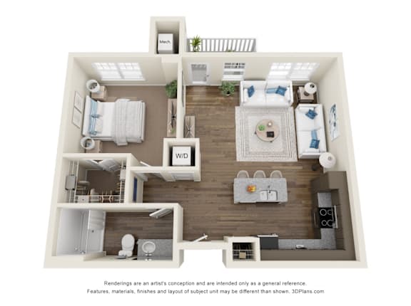 A 3D floor plan of a house with a kitchen, living room, and bathroom.