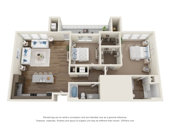A 3D floor plan of a house with a kitchen, living room, and bedrooms.