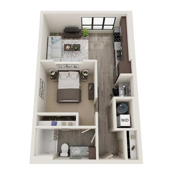 A top-down view of a small apartment with a bedroom, living room, and bathroom.
