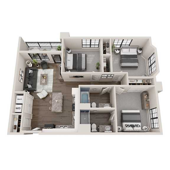 A top-down view of a two-bedroom apartment with a living room, kitchen, and bathroom.
