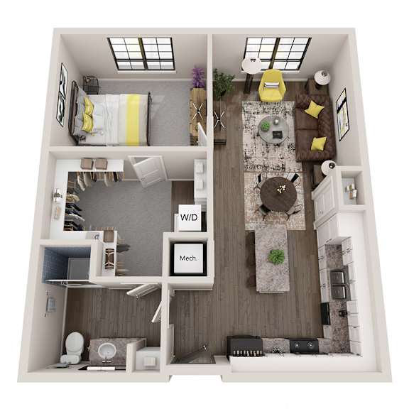 A top down view of a small apartment with a kitchen, living room, and bathroom.