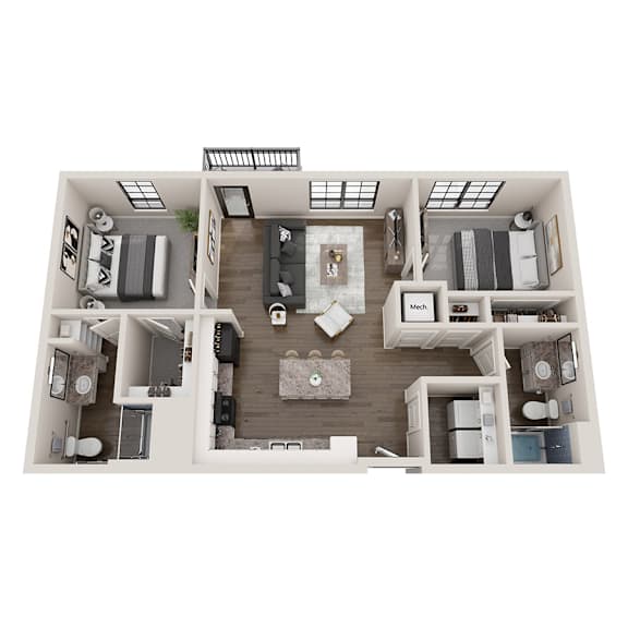 A top-down view of a small apartment with a kitchen, living room, and bedrooms.
