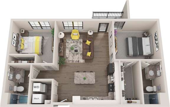 A top-down view of a small apartment with a kitchen, living room, and bedroom.