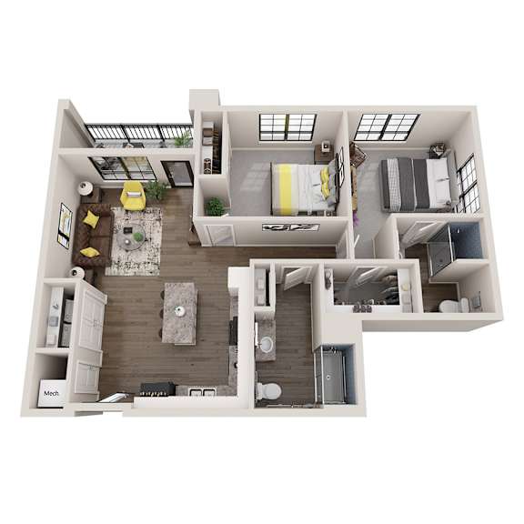 A 3D floor plan of a house with a living room, kitchen, and bathrooms.