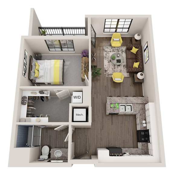 A 3D floor plan of a small apartment with a bedroom, living room, and bathroom.