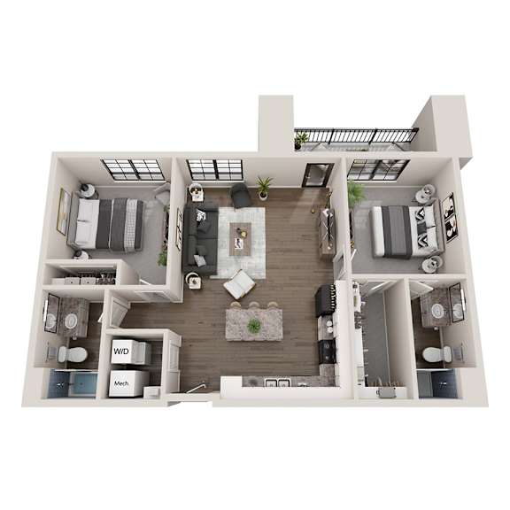 A top-down view of a modern apartment layout with a central living area, bedrooms, and a kitchen.