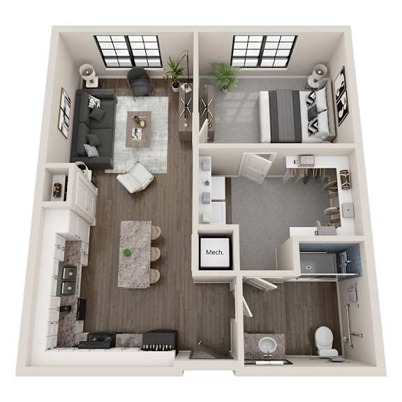 A top-down view of a small apartment with a kitchen, living room, and bathroom.