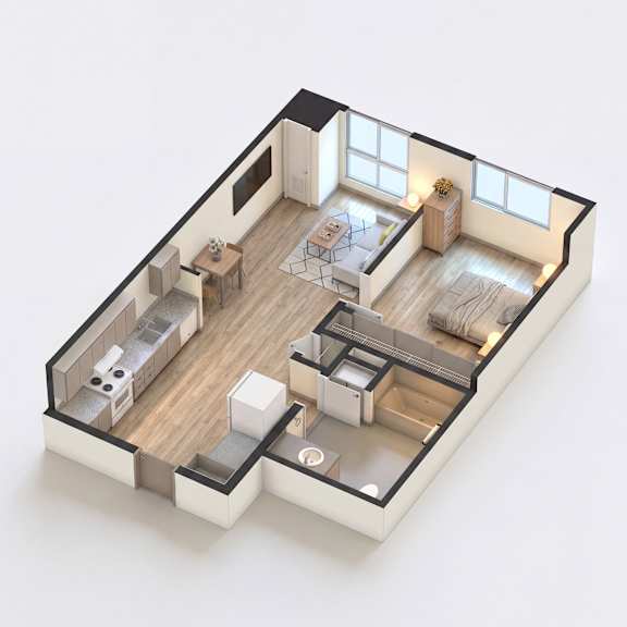 A 3D floor plan of a house with a kitchen, living room, and bathroom.