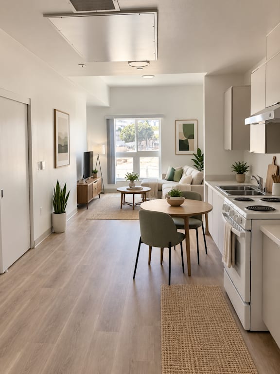 A modern kitchen with a dining table and chairs.