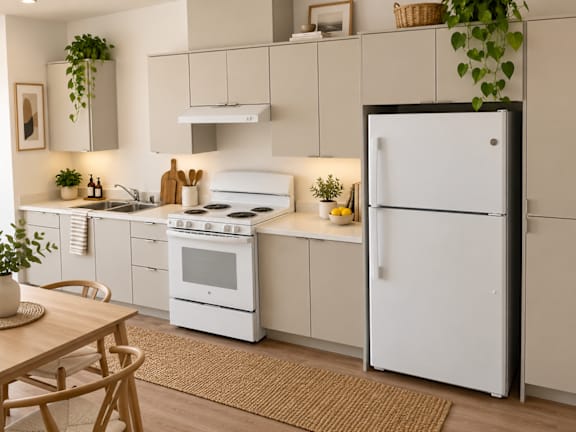 A white fridge stands in a kitchen with a wooden table and chairs.