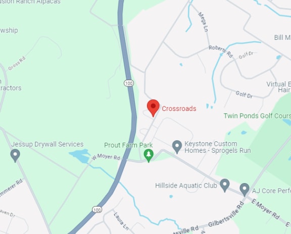 a map of a neighborhood with a red dot on it