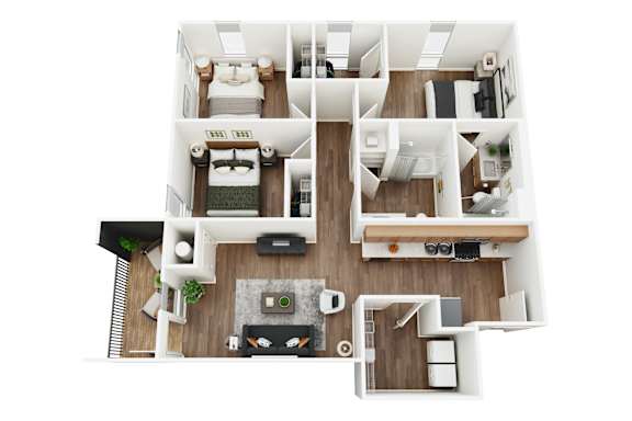 A top-down view of a modern apartment layout with a kitchen, living room, and bedrooms.