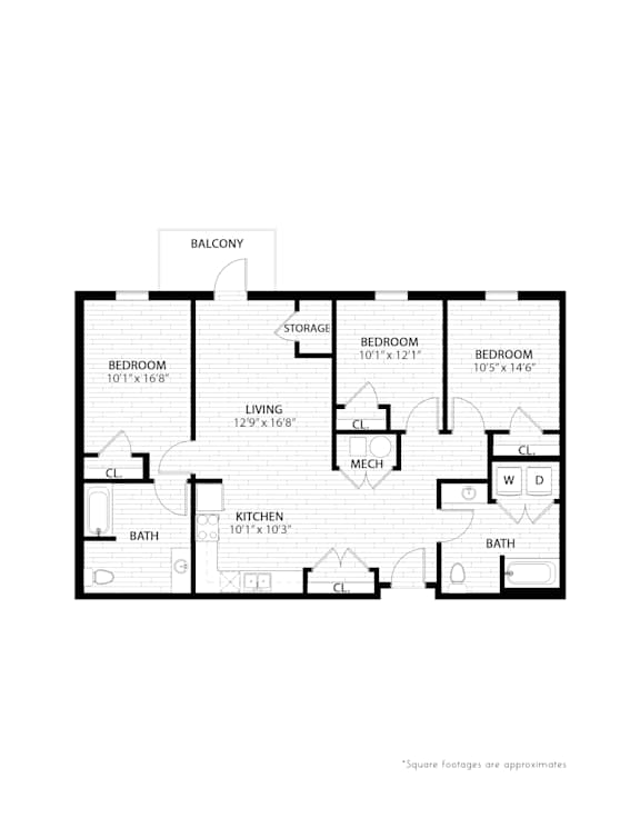 A black and white image of a floor plan for a balcony style apartment.