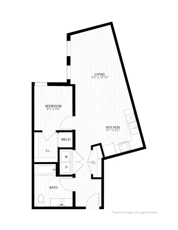 1 bed 1 bath floorplan A at Union at Rivers Edge Apartments, Des Moines, IA
