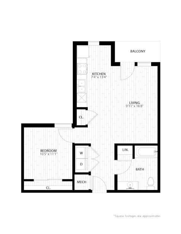 1 bed 1 bath floorplan B at Union at Rivers Edge Apartments, Des Moines, Iowa