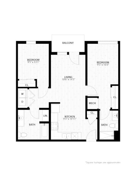 2 bed 2 bath floorplan D at Union at Rivers Edge Apartments, Des Moines, Iowa