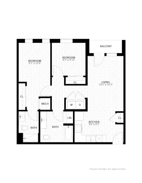 2 bed 2 bath floorplan F at Union at Rivers Edge Apartments, Iowa