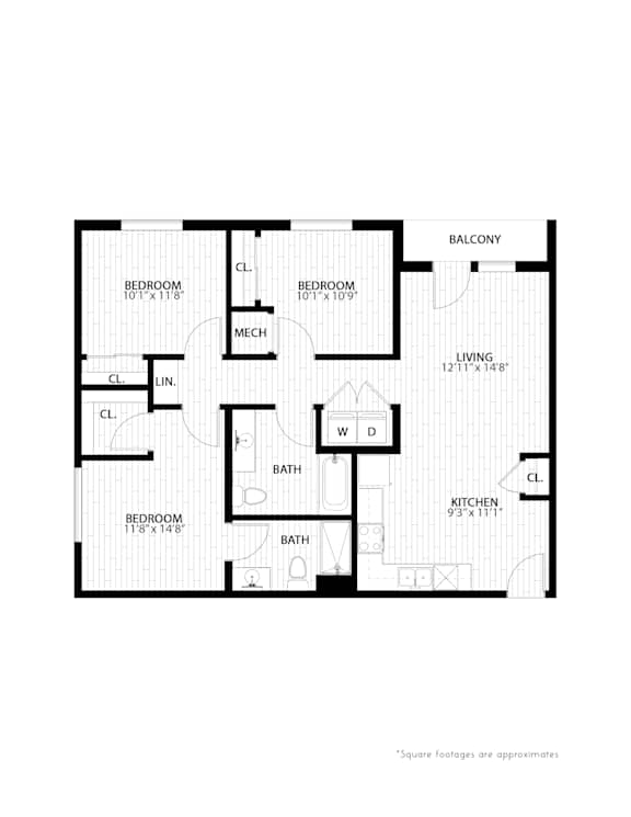 3 bed 2 bath floorplan F at Union at Rivers Edge Apartments, Iowa