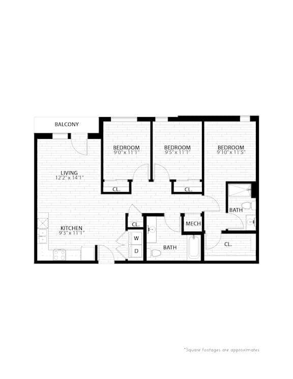3 bed 2 bath floorplan E at Union at Rivers Edge Apartments, Des Moines