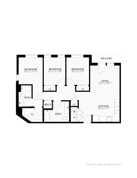 3 bed 2 bath floorplan D at Union at Rivers Edge Apartments, Des Moines, Iowa