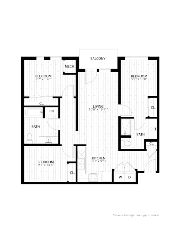 3 bed 2 bath floorplan G at Union at Rivers Edge Apartments, Iowa, 50315