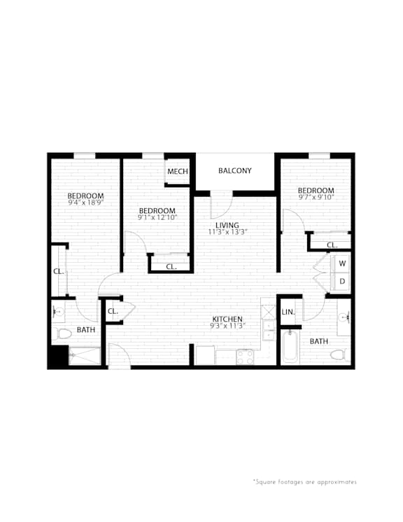 3 bed 2 bath floorplan B at Union at Rivers Edge Apartments, Des Moines, IA