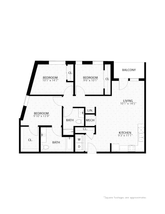 3 bed 2 bath floorplan C at Union at Rivers Edge Apartments, Des Moines 50315