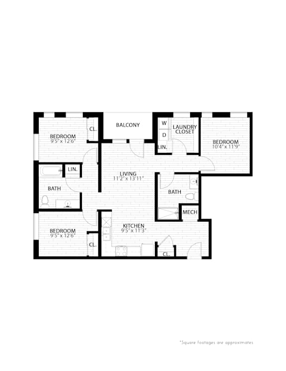 3 bed 2 bath floorplan at Union at Rivers Edge Apartments, Iowa, 50315
