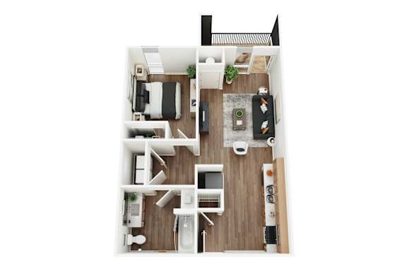 A top-down view of a small apartment with a kitchen, living room, and bathroom.
