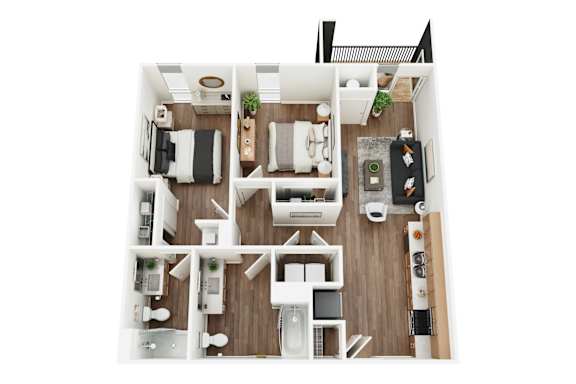 A top-down view of a modern apartment layout with a kitchen, living room, and bathroom.