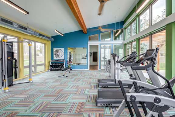 A gym with a variety of equipment including treadmills, weights, and a fan.