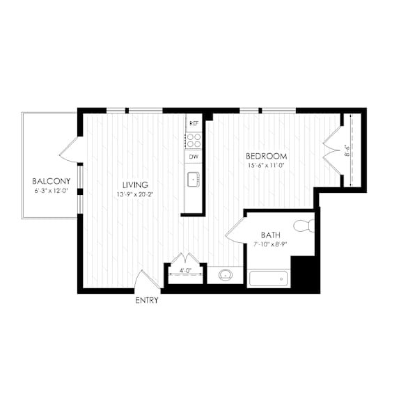 Floor Plan  1 bed 1 bath B at RiDE at RiNo Apartments, Denver, CO