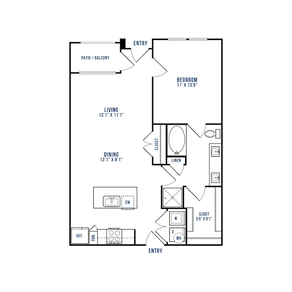 A floor plan of a small apartment with a living room, dining room, kitchen, and bathroom.