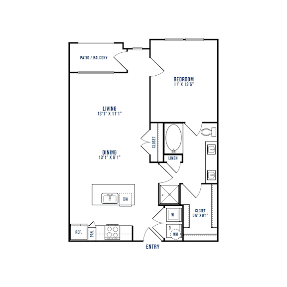 A floor plan of a small apartment with a living room, dining room, bedroom, and closet.