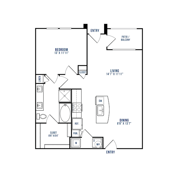 A floor plan of a house with a bedroom, living room, dining room, and a closet.