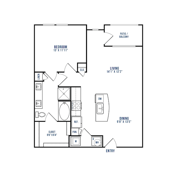 A floor plan of a home with a bedroom, living room, dining room, and closet.