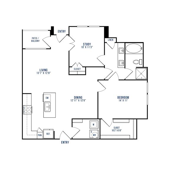 A black and white floor plan of a house with a living room, dining room, bedroom, study, and patio.