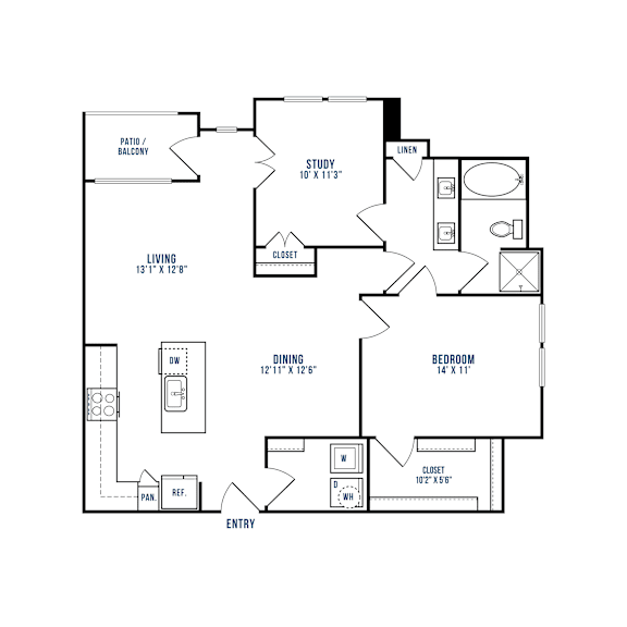 A floor plan of a house with a living room, dining room, bedroom, study, and patio.