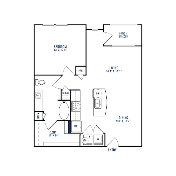 A floor plan of a home with a bedroom, living room, dining room, and bathroom.