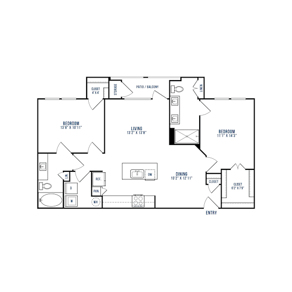 A black and white floor plan of a house with two bedrooms, a living room, a dining room, a kitchen, a bathroom, and an entry.