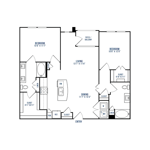 A black and white image of a floor plan for a two-bedroom apartment.