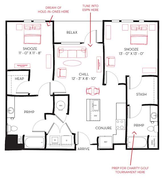 A floor plan of a house with a snooze button and a chill area.