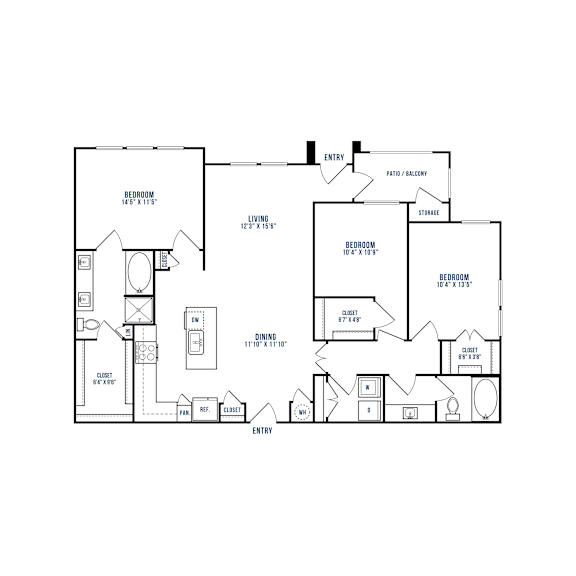 A floor plan of a house with three bedrooms and a garage.