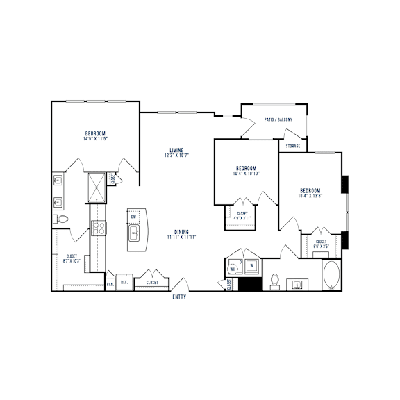 A floor plan of a house with three bedrooms, a living room, a dining room, a garage, and a closet.