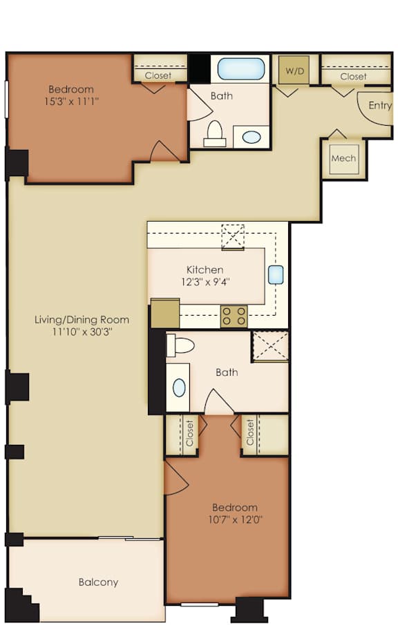 A floor plan of a house with a living room, kitchen, and two bedrooms.