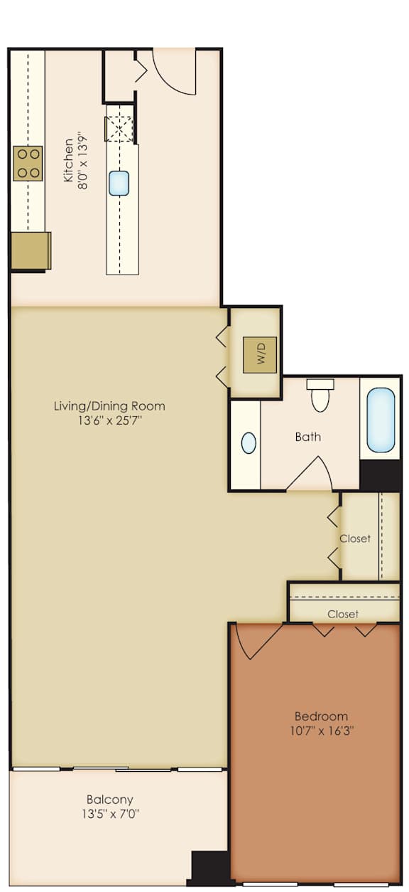 A floor plan of a house with a living/dining room, kitchen, bath, and bedroom.