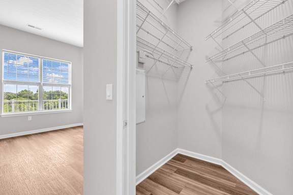 A room with a window and a wall of shelves.