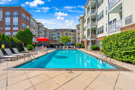 A pool surrounded by chairs and umbrellas with apartment buildings in the background.